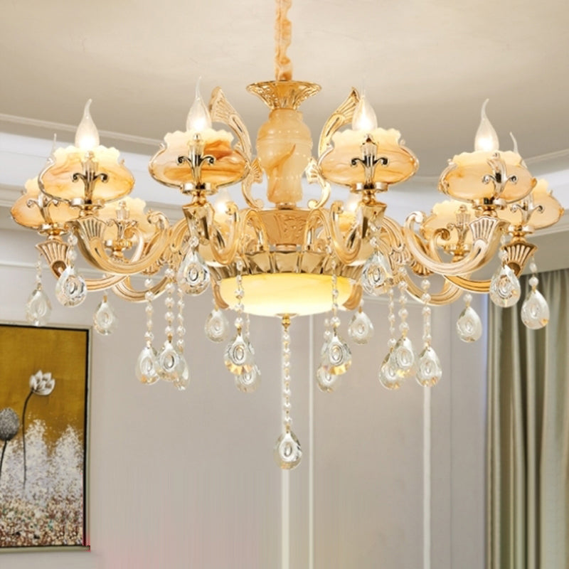 Gold Floral Shade Chandelier Light Retro Glass Living Room Pendant Light Fixture with Hanging Crystal Clearhalo 'Ceiling Lights' 'Chandeliers' Lighting' options 2204786