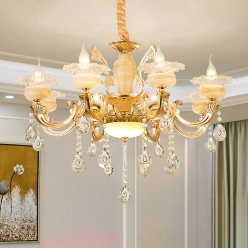 Gold Floral Shade Chandelier Light Retro Glass Living Room Pendant Light Fixture with Hanging Crystal Clearhalo 'Ceiling Lights' 'Chandeliers' Lighting' options 2204787