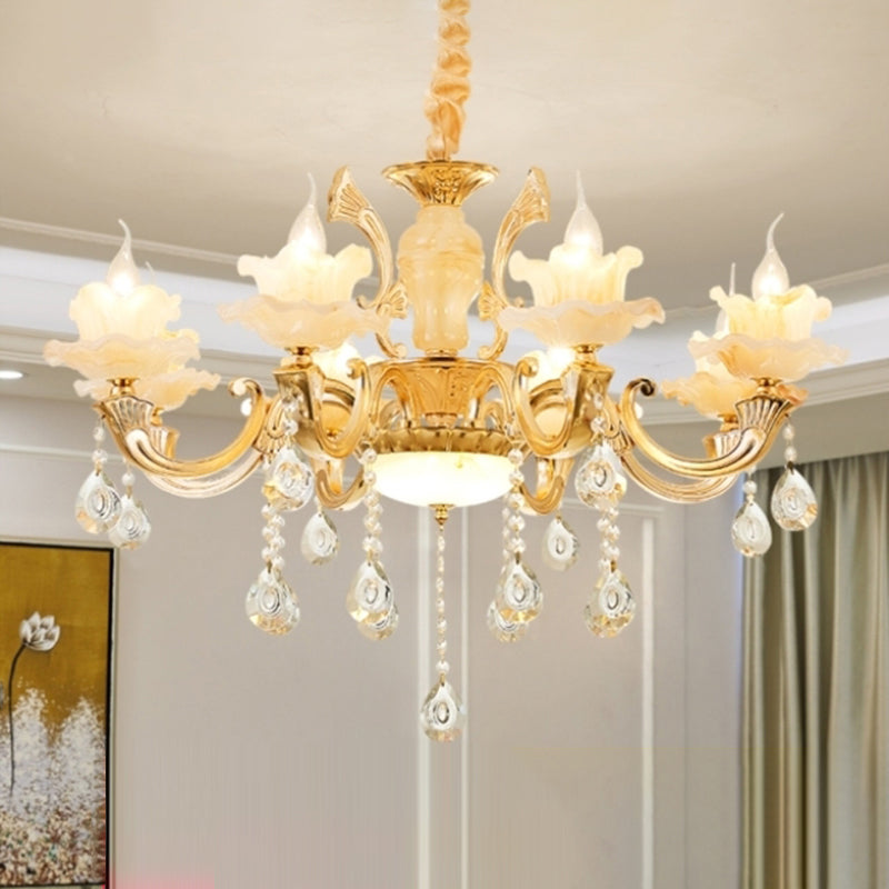 Gold Floral Shade Chandelier Light Retro Glass Living Room Pendant Light Fixture with Hanging Crystal Clearhalo 'Ceiling Lights' 'Chandeliers' Lighting' options 2204788