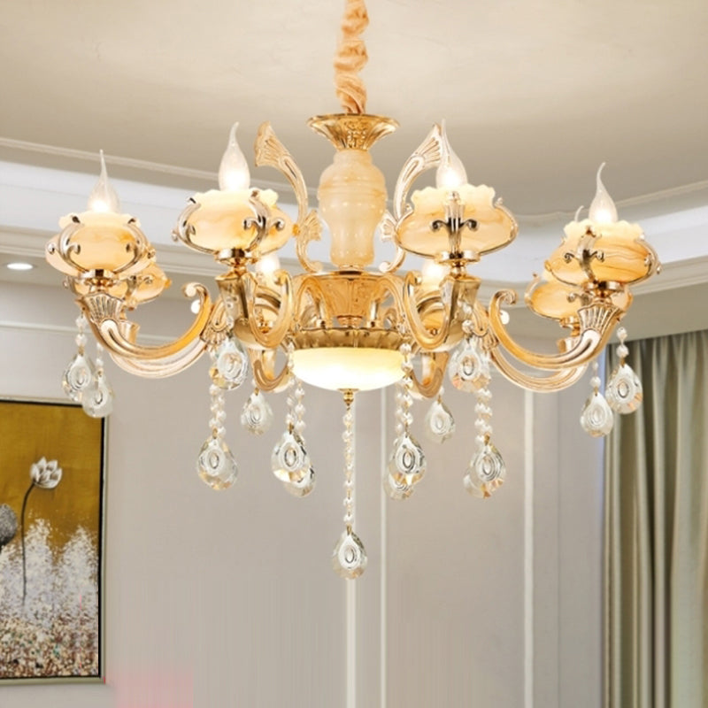 Gold Floral Shade Chandelier Light Retro Glass Living Room Pendant Light Fixture with Hanging Crystal Clearhalo 'Ceiling Lights' 'Chandeliers' Lighting' options 2204789