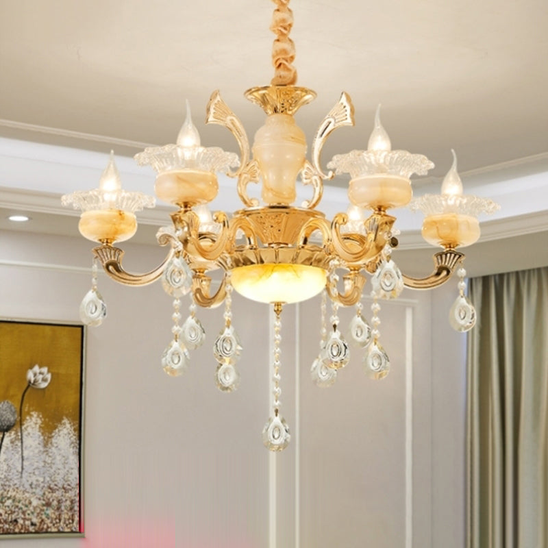 Gold Floral Shade Chandelier Light Retro Glass Living Room Pendant Light Fixture with Hanging Crystal Clearhalo 'Ceiling Lights' 'Chandeliers' Lighting' options 2204790