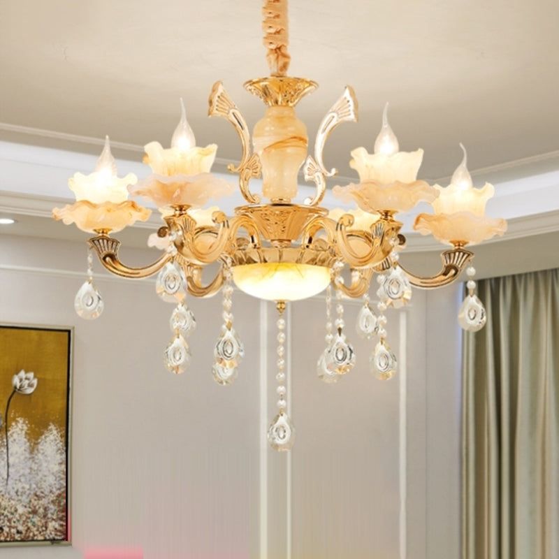 Gold Floral Shade Chandelier Light Retro Glass Living Room Pendant Light Fixture with Hanging Crystal Clearhalo 'Ceiling Lights' 'Chandeliers' Lighting' options 2204791