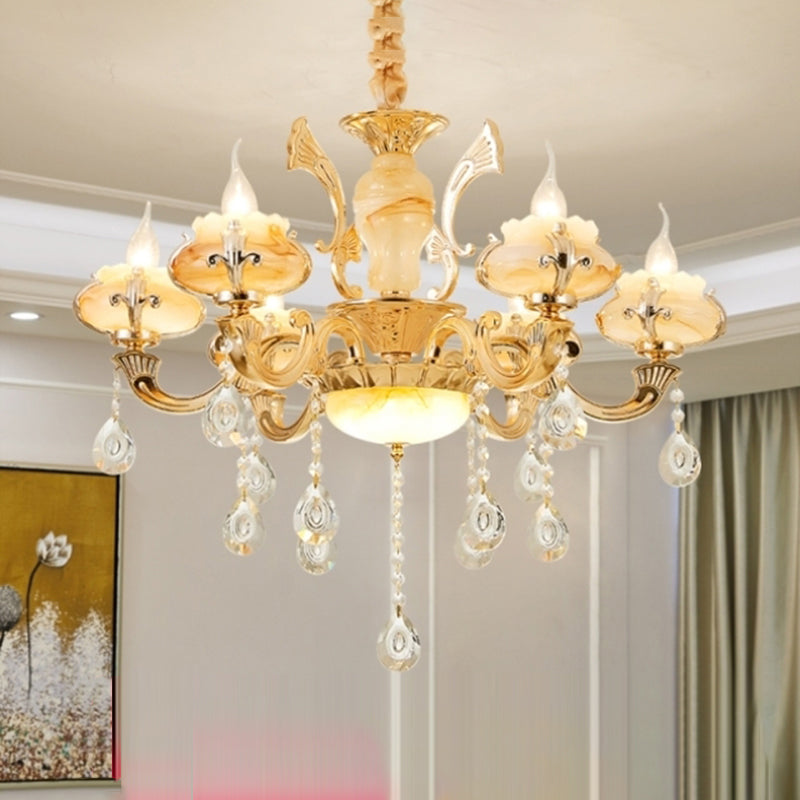 Gold Floral Shade Chandelier Light Retro Glass Living Room Pendant Light Fixture with Hanging Crystal Clearhalo 'Ceiling Lights' 'Chandeliers' Lighting' options 2204792