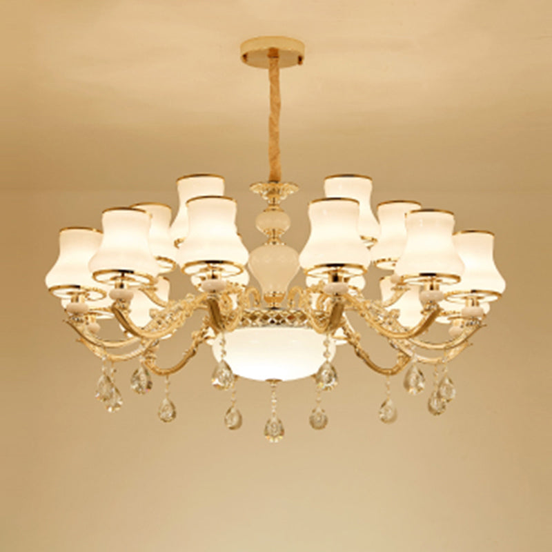 Classic Bud Chandelier Lighting White Glass Pendant Light with Crystal Draping for Living Room Clearhalo 'Ceiling Lights' 'Chandeliers' Lighting' options 2204794