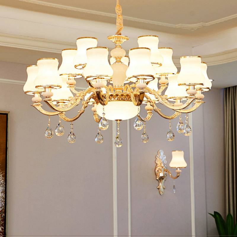 Classic Bud Chandelier Lighting White Glass Pendant Light with Crystal Draping for Living Room Clearhalo 'Ceiling Lights' 'Chandeliers' Lighting' options 2204795