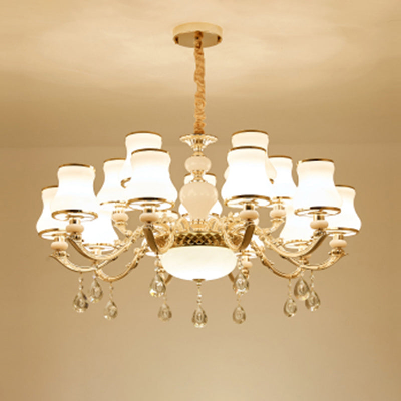 Classic Bud Chandelier Lighting White Glass Pendant Light with Crystal Draping for Living Room Clearhalo 'Ceiling Lights' 'Chandeliers' Lighting' options 2204796