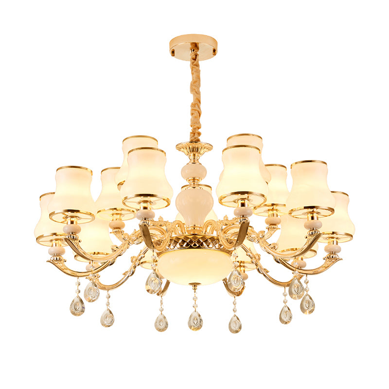 Classic Bud Chandelier Lighting White Glass Pendant Light with Crystal Draping for Living Room Clearhalo 'Ceiling Lights' 'Chandeliers' Lighting' options 2204797