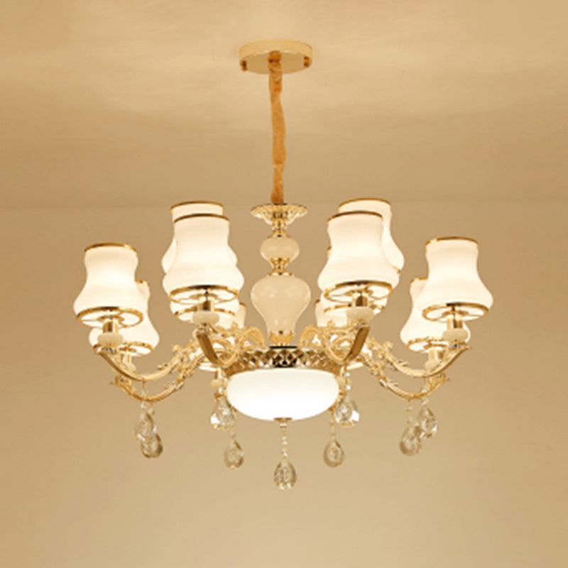 Classic Bud Chandelier Lighting White Glass Pendant Light with Crystal Draping for Living Room Clearhalo 'Ceiling Lights' 'Chandeliers' Lighting' options 2204798