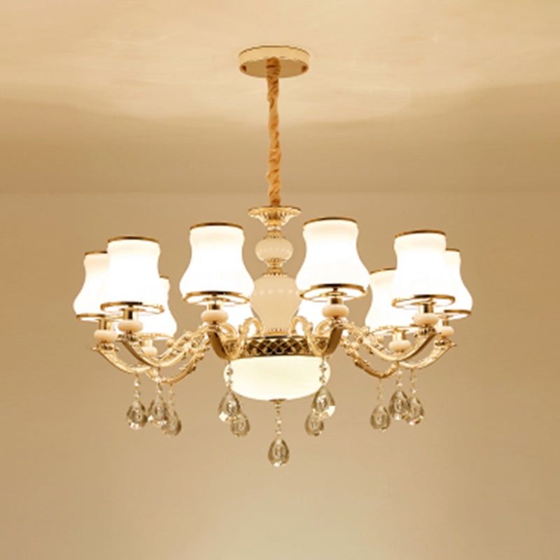 Classic Bud Chandelier Lighting White Glass Pendant Light with Crystal Draping for Living Room Clearhalo 'Ceiling Lights' 'Chandeliers' Lighting' options 2204800