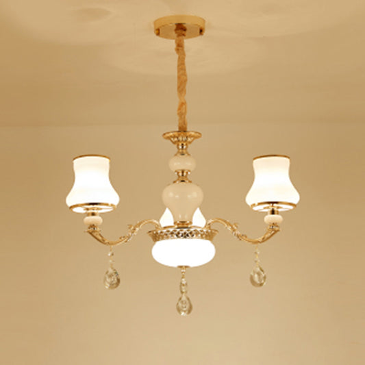 Classic Bud Chandelier Lighting White Glass Pendant Light with Crystal Draping for Living Room Clearhalo 'Ceiling Lights' 'Chandeliers' Lighting' options 2204806