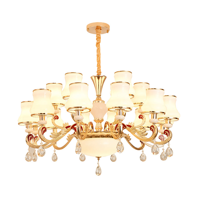 White Glass Bud Ceiling Lighting Traditional Living Room Chandelier Light Fixture with Crystal Draping Clearhalo 'Ceiling Lights' 'Chandeliers' Lighting' options 2204816