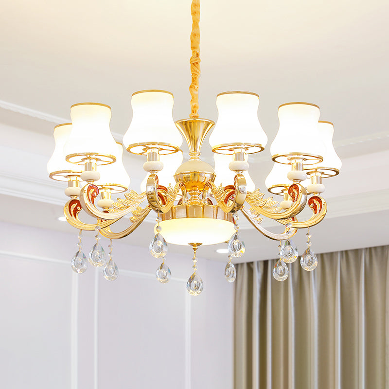 White Glass Bud Ceiling Lighting Traditional Living Room Chandelier Light Fixture with Crystal Draping Clearhalo 'Ceiling Lights' 'Chandeliers' Lighting' options 2204819