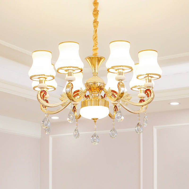 White Glass Bud Ceiling Lighting Traditional Living Room Chandelier Light Fixture with Crystal Draping Clearhalo 'Ceiling Lights' 'Chandeliers' Lighting' options 2204820