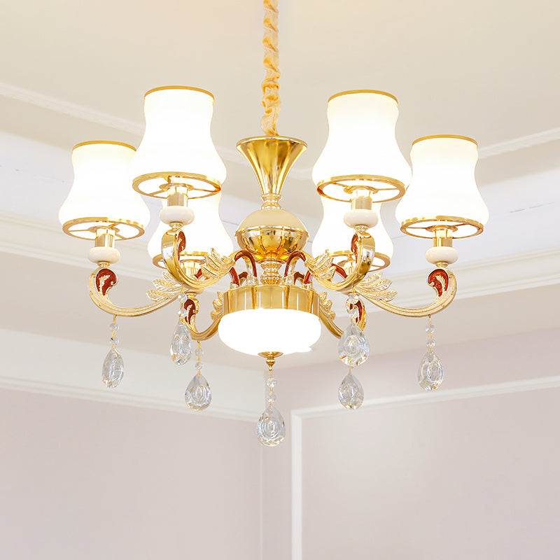 White Glass Bud Ceiling Lighting Traditional Living Room Chandelier Light Fixture with Crystal Draping Clearhalo 'Ceiling Lights' 'Chandeliers' Lighting' options 2204821