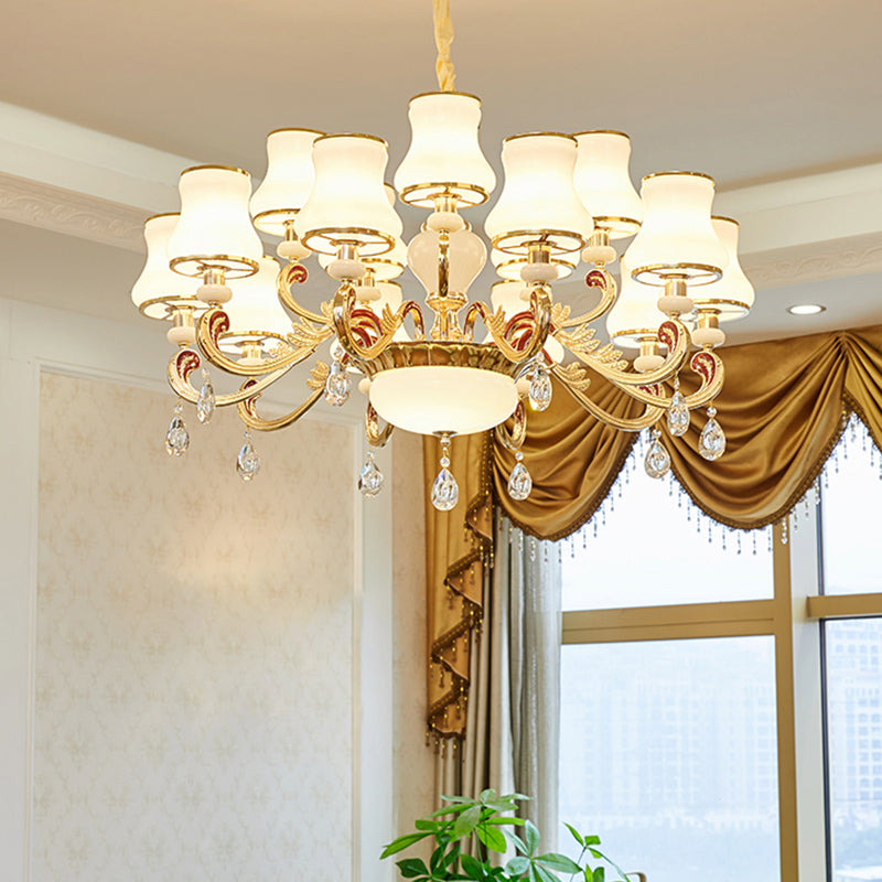 White Glass Bud Ceiling Lighting Traditional Living Room Chandelier Light Fixture with Crystal Draping 15 White B Clearhalo 'Ceiling Lights' 'Chandeliers' Lighting' options 2204823_41369731-9f79-4301-867d-67dcd7ecad1d