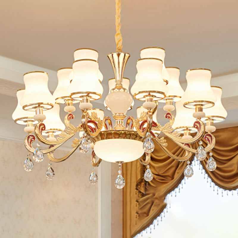 White Glass Bud Ceiling Lighting Traditional Living Room Chandelier Light Fixture with Crystal Draping Clearhalo 'Ceiling Lights' 'Chandeliers' Lighting' options 2204824