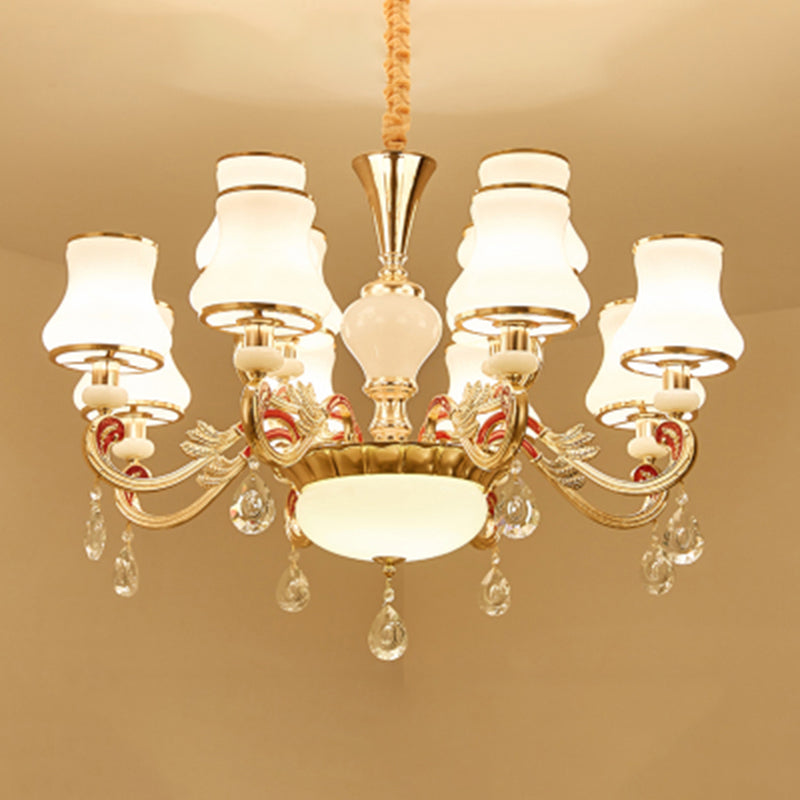 White Glass Bud Ceiling Lighting Traditional Living Room Chandelier Light Fixture with Crystal Draping Clearhalo 'Ceiling Lights' 'Chandeliers' Lighting' options 2204826