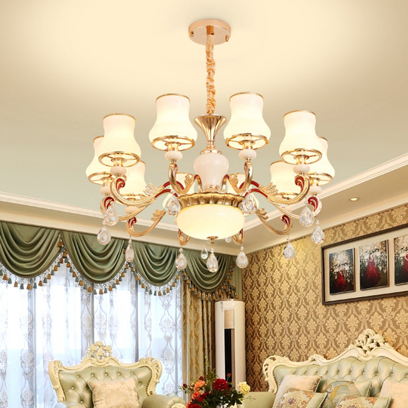 White Glass Bud Ceiling Lighting Traditional Living Room Chandelier Light Fixture with Crystal Draping Clearhalo 'Ceiling Lights' 'Chandeliers' Lighting' options 2204827