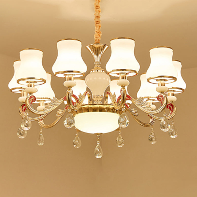 White Glass Bud Ceiling Lighting Traditional Living Room Chandelier Light Fixture with Crystal Draping Clearhalo 'Ceiling Lights' 'Chandeliers' Lighting' options 2204828