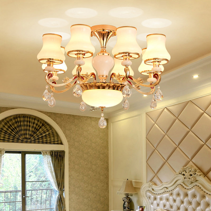 White Glass Bud Ceiling Lighting Traditional Living Room Chandelier Light Fixture with Crystal Draping Clearhalo 'Ceiling Lights' 'Chandeliers' Lighting' options 2204829