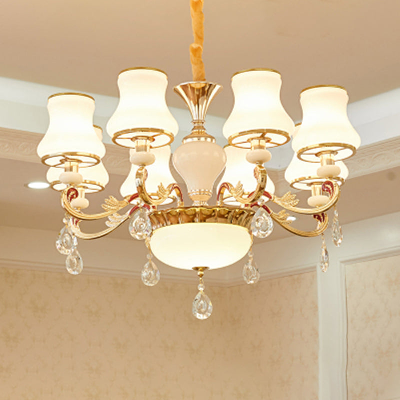 White Glass Bud Ceiling Lighting Traditional Living Room Chandelier Light Fixture with Crystal Draping Clearhalo 'Ceiling Lights' 'Chandeliers' Lighting' options 2204830