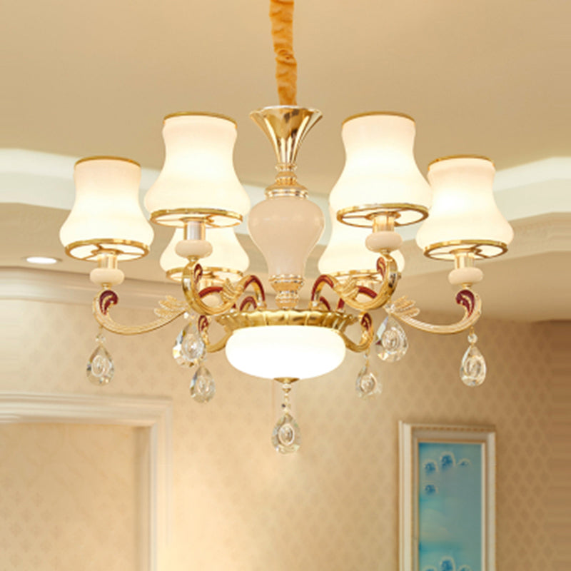 White Glass Bud Ceiling Lighting Traditional Living Room Chandelier Light Fixture with Crystal Draping Clearhalo 'Ceiling Lights' 'Chandeliers' Lighting' options 2204832