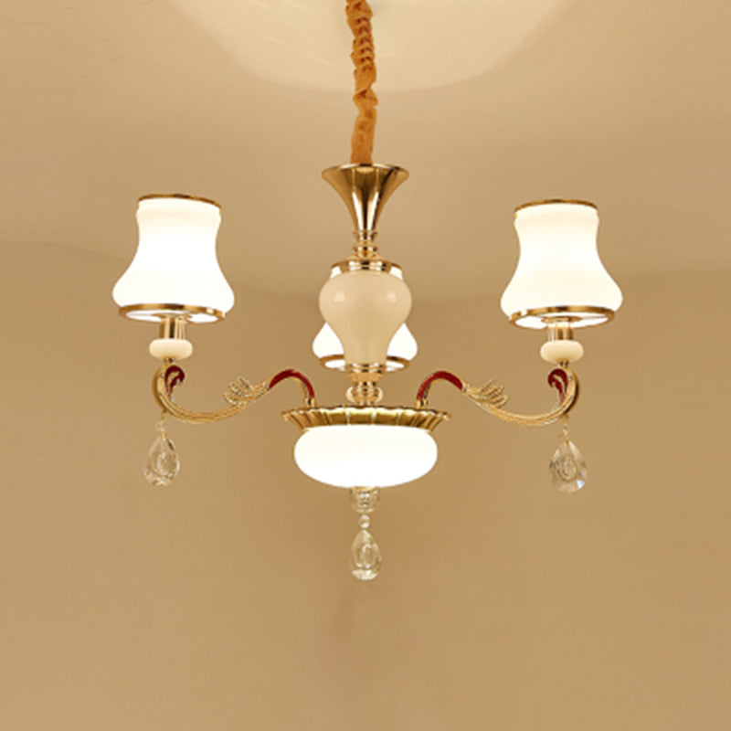 White Glass Bud Ceiling Lighting Traditional Living Room Chandelier Light Fixture with Crystal Draping Clearhalo 'Ceiling Lights' 'Chandeliers' Lighting' options 2204834