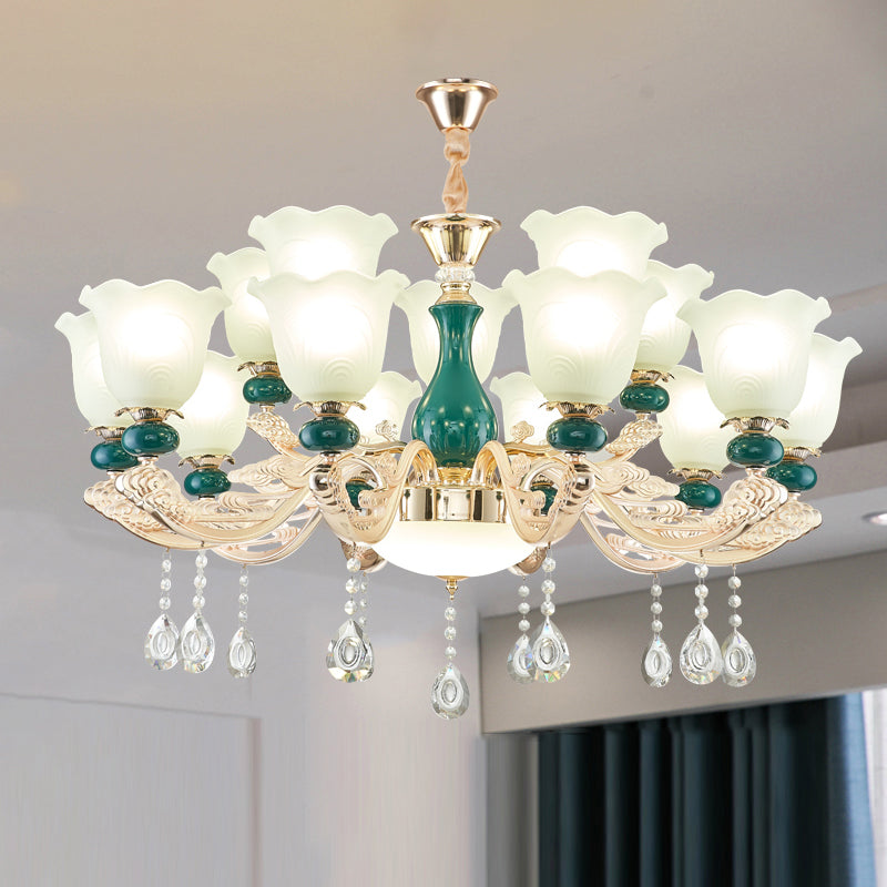 Traditional Ruffle Bell Suspension Light Cream Glass Chandelier Light with Hanging Crystal in Green Clearhalo 'Ceiling Lights' 'Chandeliers' Lighting' options 2204847