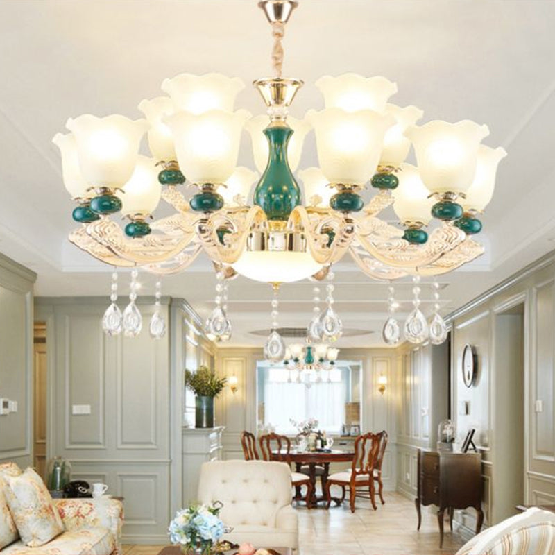 Traditional Ruffle Bell Suspension Light Cream Glass Chandelier Light with Hanging Crystal in Green Clearhalo 'Ceiling Lights' 'Chandeliers' Lighting' options 2204848