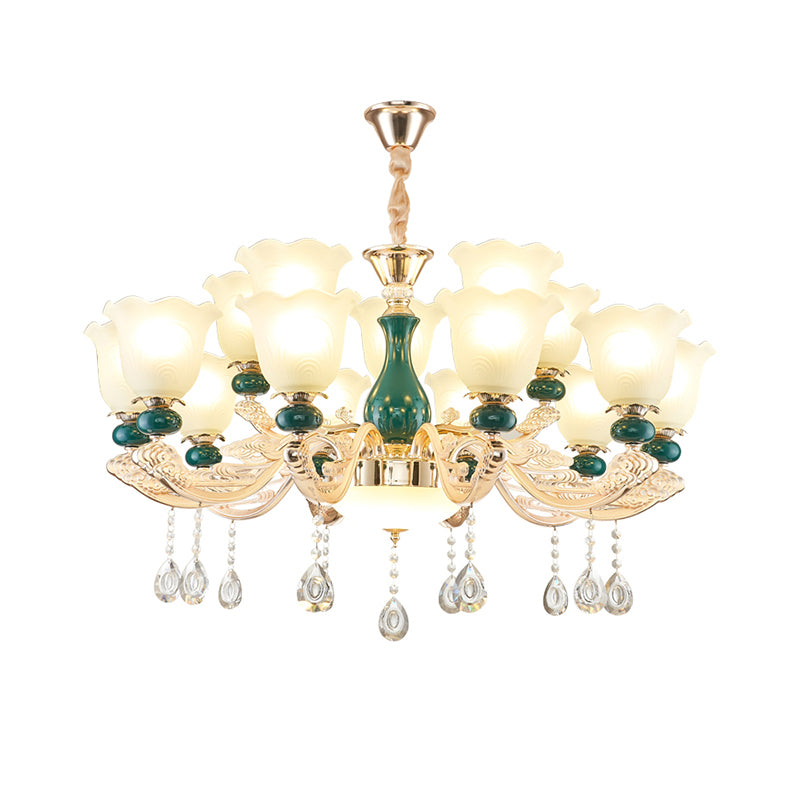 Traditional Ruffle Bell Suspension Light Cream Glass Chandelier Light with Hanging Crystal in Green Clearhalo 'Ceiling Lights' 'Chandeliers' Lighting' options 2204849