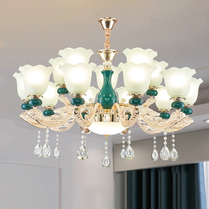 Traditional Ruffle Bell Suspension Light Cream Glass Chandelier Light with Hanging Crystal in Green Clearhalo 'Ceiling Lights' 'Chandeliers' Lighting' options 2204850