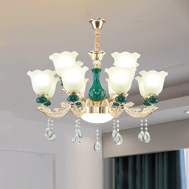 Traditional Ruffle Bell Suspension Light Cream Glass Chandelier Light with Hanging Crystal in Green Clearhalo 'Ceiling Lights' 'Chandeliers' Lighting' options 2204851