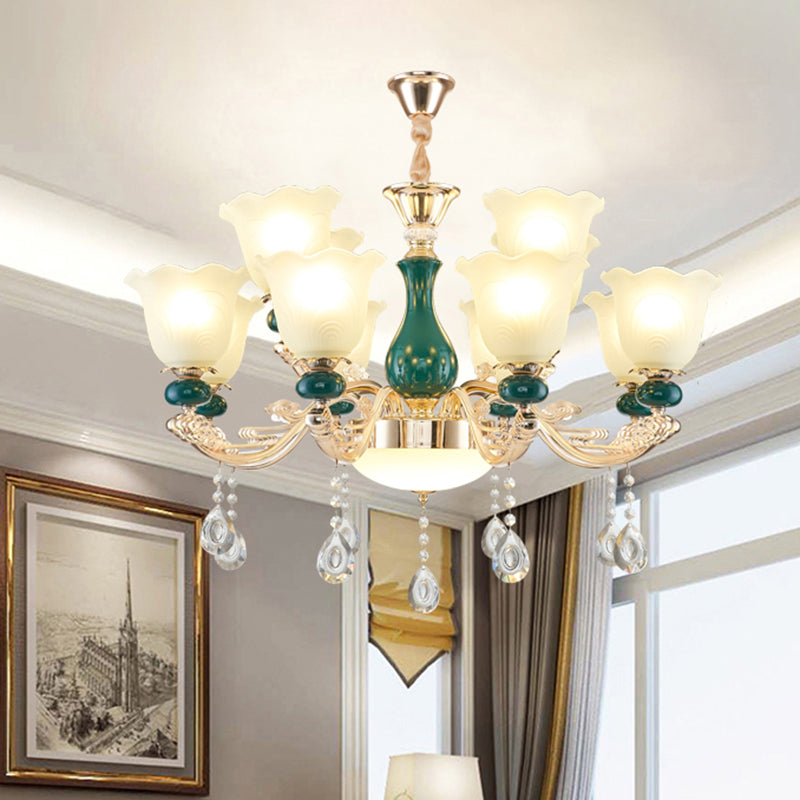 Traditional Ruffle Bell Suspension Light Cream Glass Chandelier Light with Hanging Crystal in Green Clearhalo 'Ceiling Lights' 'Chandeliers' Lighting' options 2204852