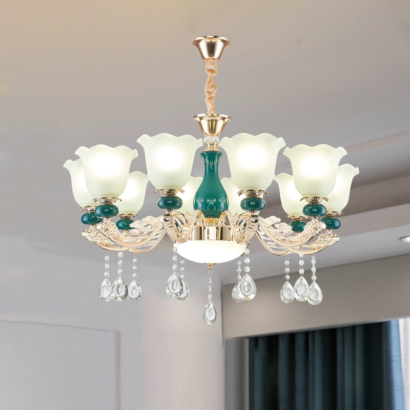 Traditional Ruffle Bell Suspension Light Cream Glass Chandelier Light with Hanging Crystal in Green Clearhalo 'Ceiling Lights' 'Chandeliers' Lighting' options 2204853