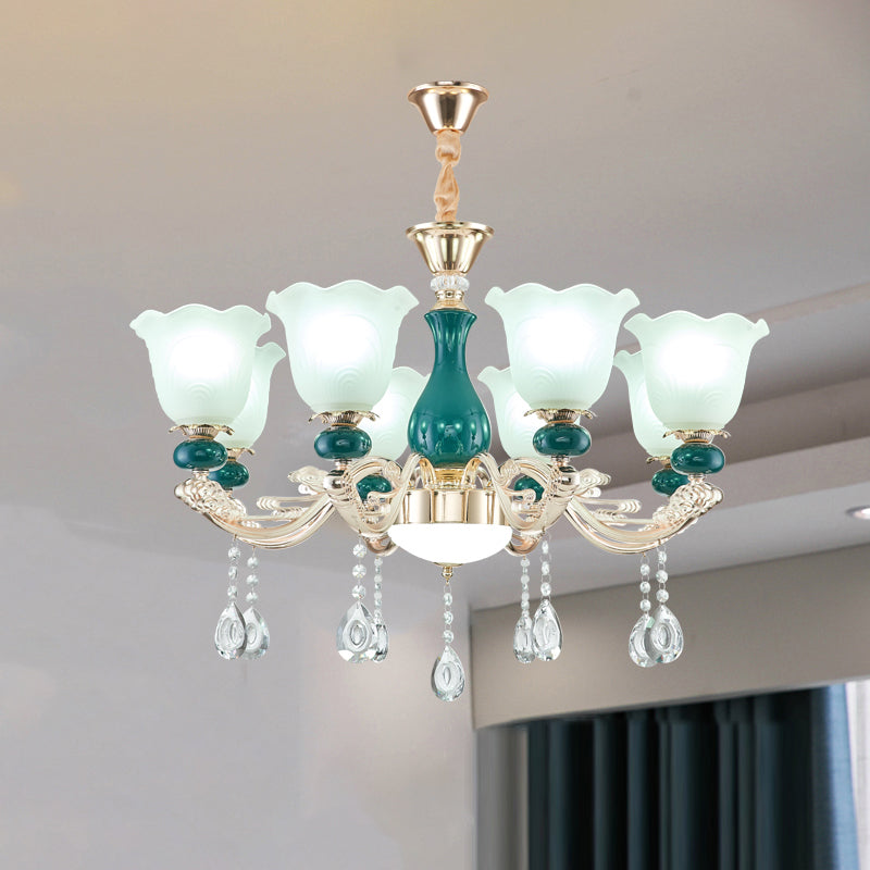 Traditional Ruffle Bell Suspension Light Cream Glass Chandelier Light with Hanging Crystal in Green Clearhalo 'Ceiling Lights' 'Chandeliers' Lighting' options 2204854