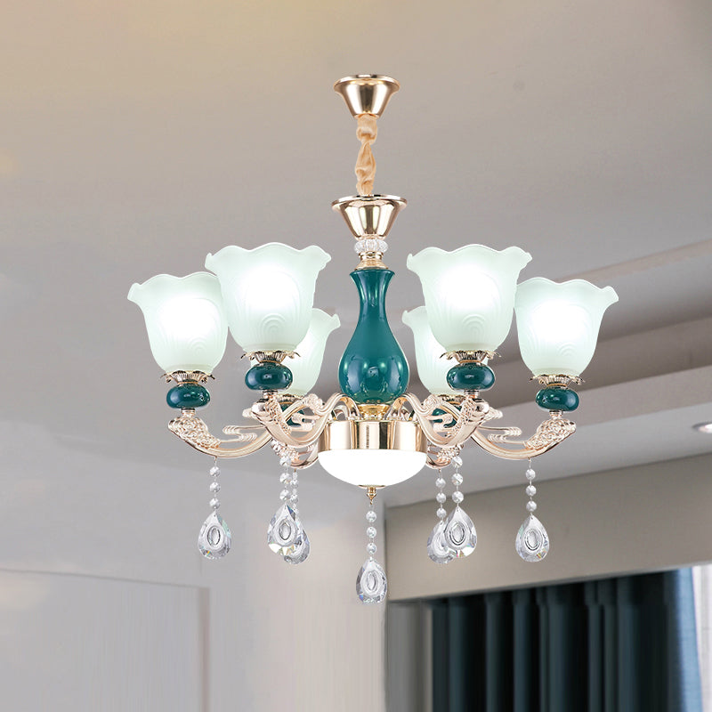 Traditional Ruffle Bell Suspension Light Cream Glass Chandelier Light with Hanging Crystal in Green Clearhalo 'Ceiling Lights' 'Chandeliers' Lighting' options 2204856