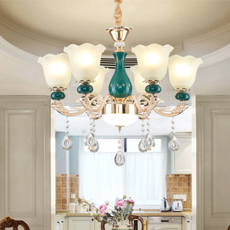 Traditional Ruffle Bell Suspension Light Cream Glass Chandelier Light with Hanging Crystal in Green Clearhalo 'Ceiling Lights' 'Chandeliers' Lighting' options 2204857