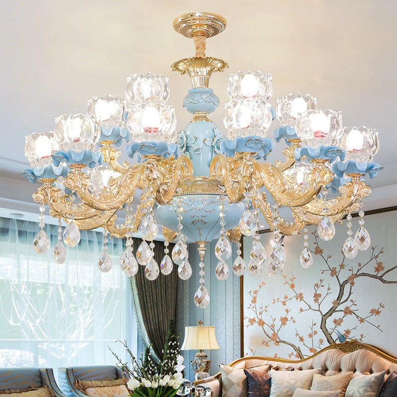 Flower Ribbed Glass Chandelier Lighting Classic Living Room Pendant Light with Crystal Draping in Blue Clearhalo 'Ceiling Lights' 'Chandeliers' Lighting' options 2204858