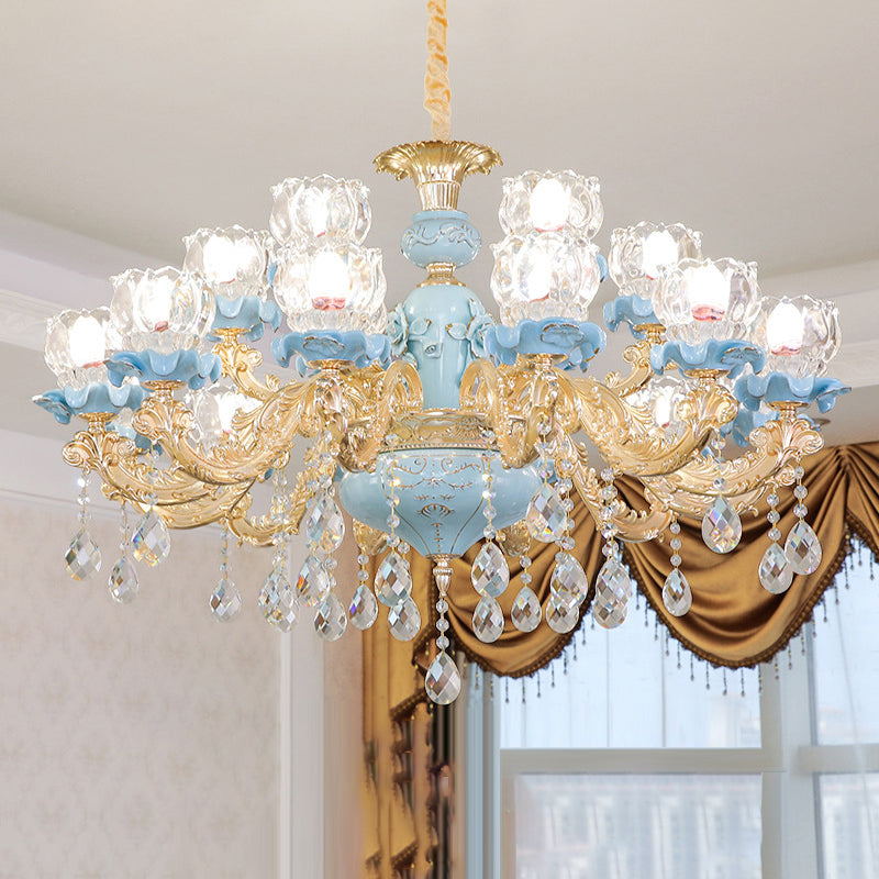 Flower Ribbed Glass Chandelier Lighting Classic Living Room Pendant Light with Crystal Draping in Blue Clearhalo 'Ceiling Lights' 'Chandeliers' Lighting' options 2204859