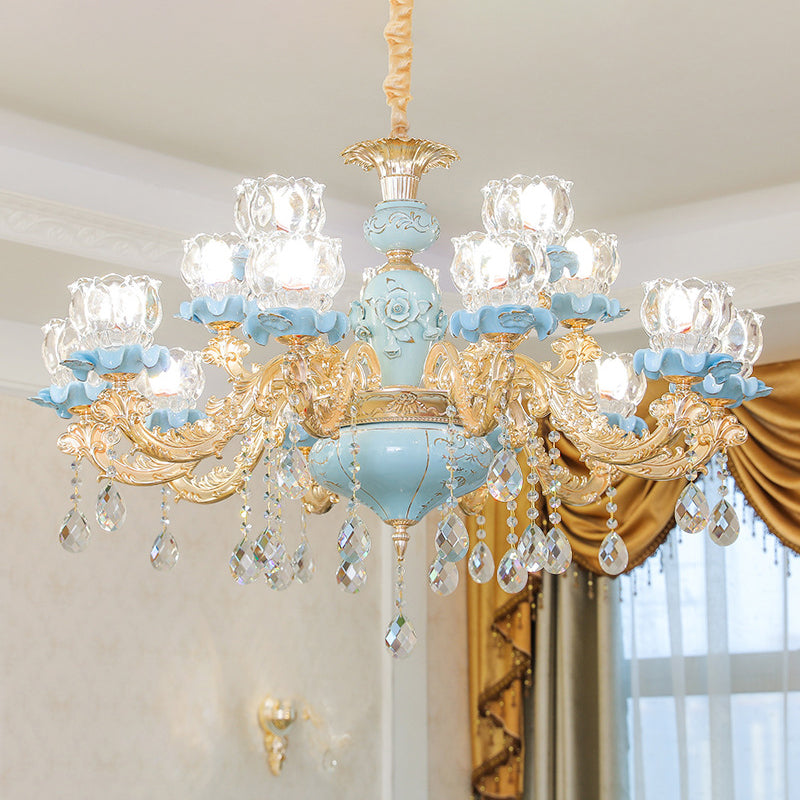 Flower Ribbed Glass Chandelier Lighting Classic Living Room Pendant Light with Crystal Draping in Blue Clearhalo 'Ceiling Lights' 'Chandeliers' Lighting' options 2204860