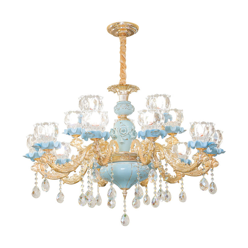 Flower Ribbed Glass Chandelier Lighting Classic Living Room Pendant Light with Crystal Draping in Blue Clearhalo 'Ceiling Lights' 'Chandeliers' Lighting' options 2204861