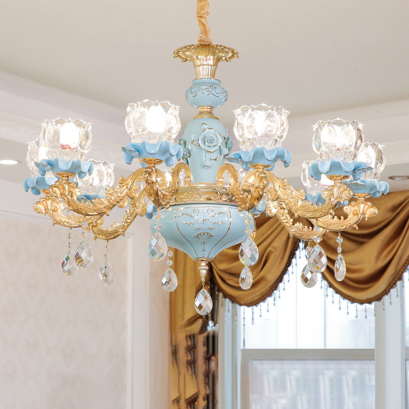 Flower Ribbed Glass Chandelier Lighting Classic Living Room Pendant Light with Crystal Draping in Blue Clearhalo 'Ceiling Lights' 'Chandeliers' Lighting' options 2204862