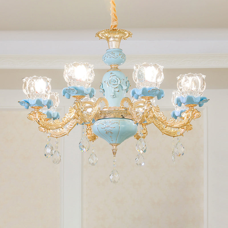 Flower Ribbed Glass Chandelier Lighting Classic Living Room Pendant Light with Crystal Draping in Blue Clearhalo 'Ceiling Lights' 'Chandeliers' Lighting' options 2204864