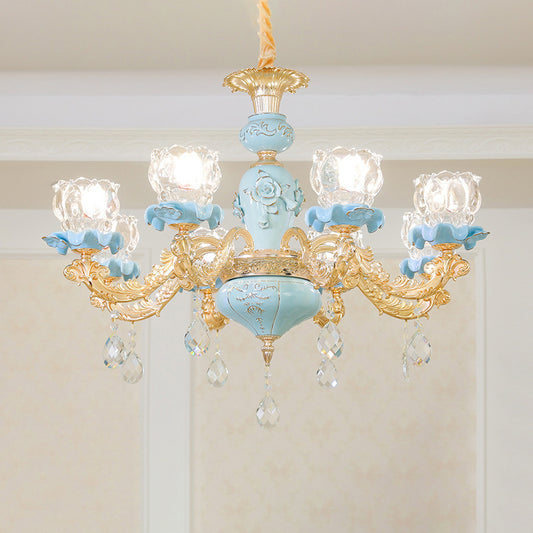 Flower Ribbed Glass Chandelier Lighting Classic Living Room Pendant Light with Crystal Draping in Blue Clearhalo 'Ceiling Lights' 'Chandeliers' Lighting' options 2204864