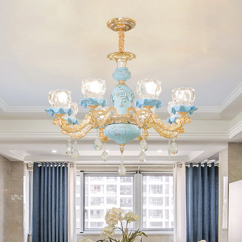 Flower Ribbed Glass Chandelier Lighting Classic Living Room Pendant Light with Crystal Draping in Blue Clearhalo 'Ceiling Lights' 'Chandeliers' Lighting' options 2204865