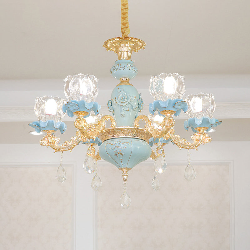 Flower Ribbed Glass Chandelier Lighting Classic Living Room Pendant Light with Crystal Draping in Blue Clearhalo 'Ceiling Lights' 'Chandeliers' Lighting' options 2204866