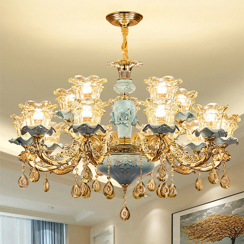 Flared Living Room Ceiling Lighting Traditional Ruffle Glass Blue Chandelier Light Fixture with Crystal Accent Clearhalo 'Ceiling Lights' 'Chandeliers' Lighting' options 2204868