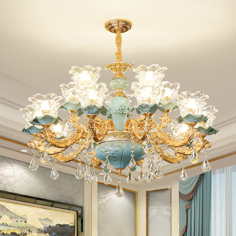 Flared Living Room Ceiling Lighting Traditional Ruffle Glass Blue Chandelier Light Fixture with Crystal Accent Clearhalo 'Ceiling Lights' 'Chandeliers' Lighting' options 2204870