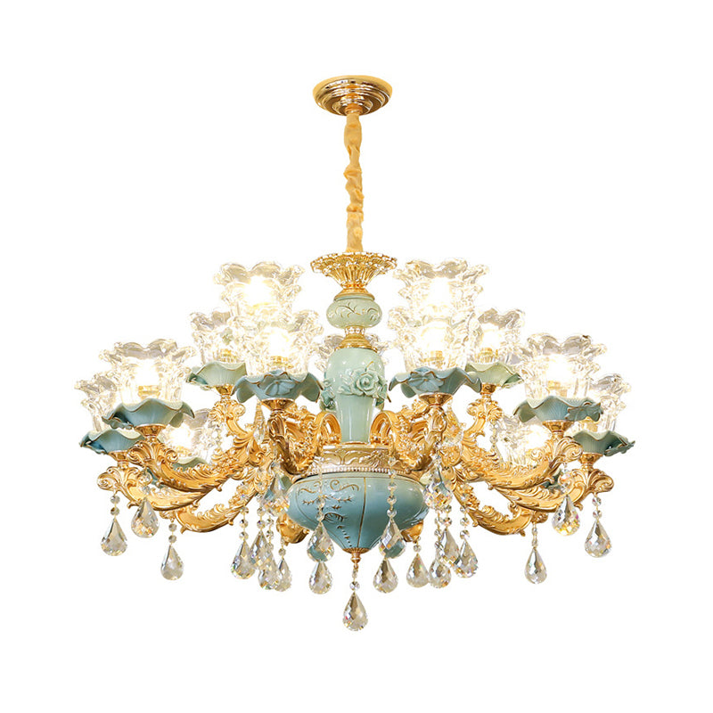 Flared Living Room Ceiling Lighting Traditional Ruffle Glass Blue Chandelier Light Fixture with Crystal Accent Clearhalo 'Ceiling Lights' 'Chandeliers' Lighting' options 2204871