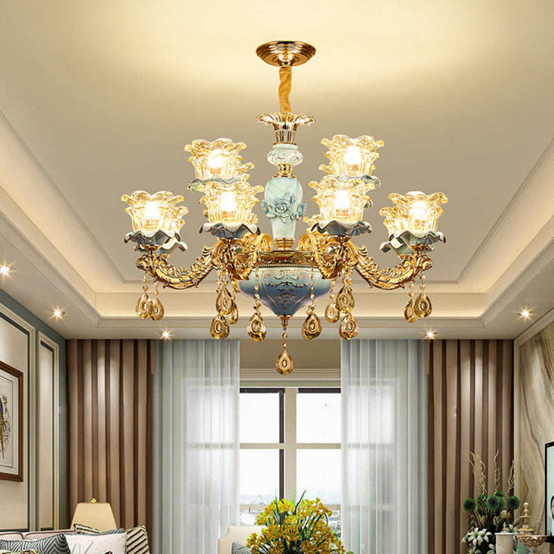 Flared Living Room Ceiling Lighting Traditional Ruffle Glass Blue Chandelier Light Fixture with Crystal Accent 12 Blue Clearhalo 'Ceiling Lights' 'Chandeliers' Lighting' options 2204872_a169a0e0-49cd-4cec-bea1-5e77dc84980f